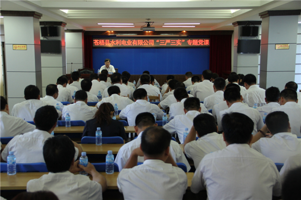 6月5日，蒼梧縣水利電業(yè)有限公司開展 &ldquo;三嚴三實&rdquo;專題教育黨課暨黨風(fēng)廉政教育培訓(xùn)，黨課邀請蒼梧縣人民檢察副檢察長莫孔文為